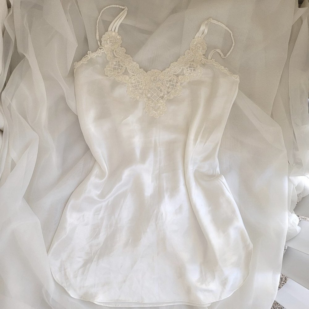 Silk Lace Trim Chemise Slip - White